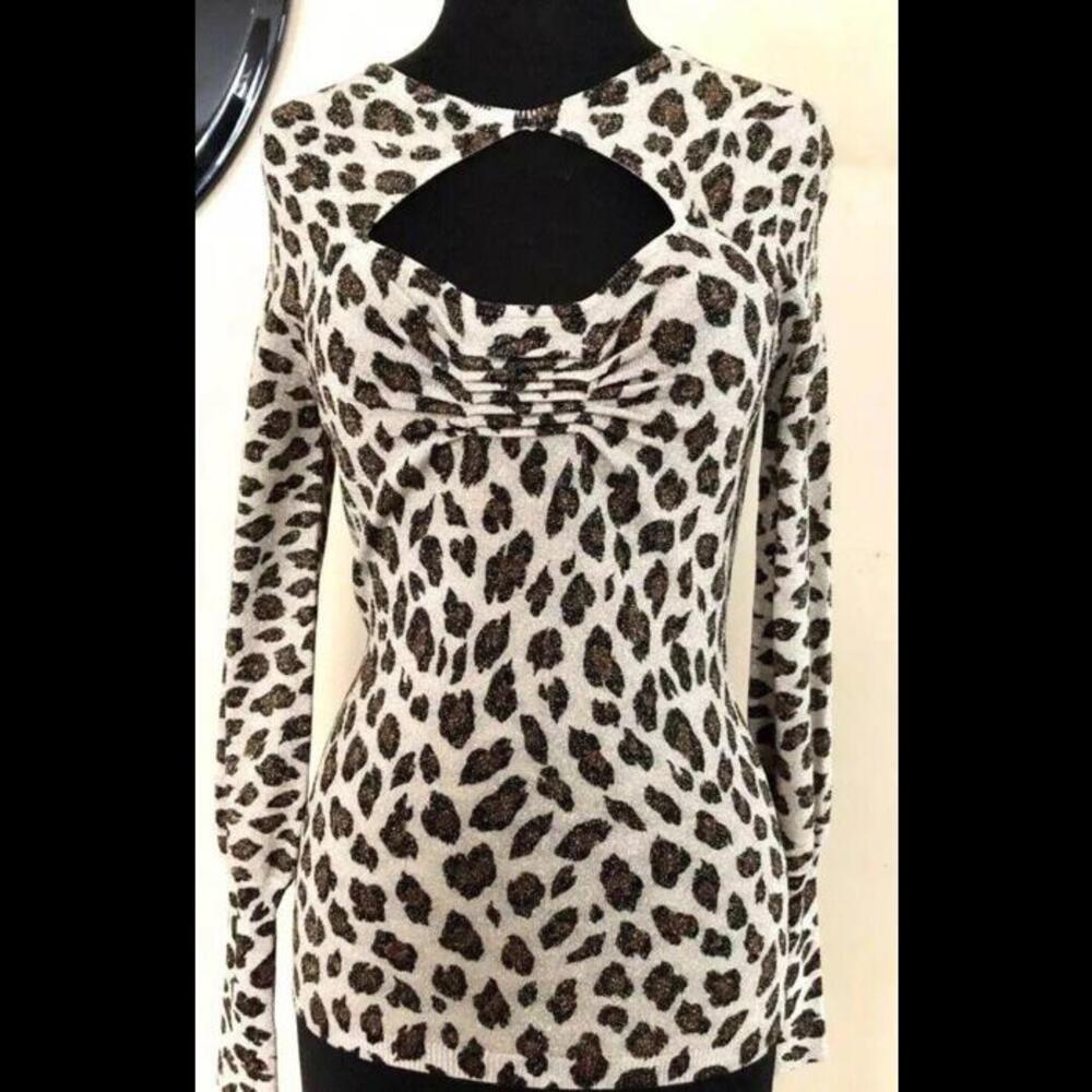 👠👚💛Cache Metallic Animal Print Ruched Keyhole Neck Top Stretch Sz Small - Picture 2 of 13